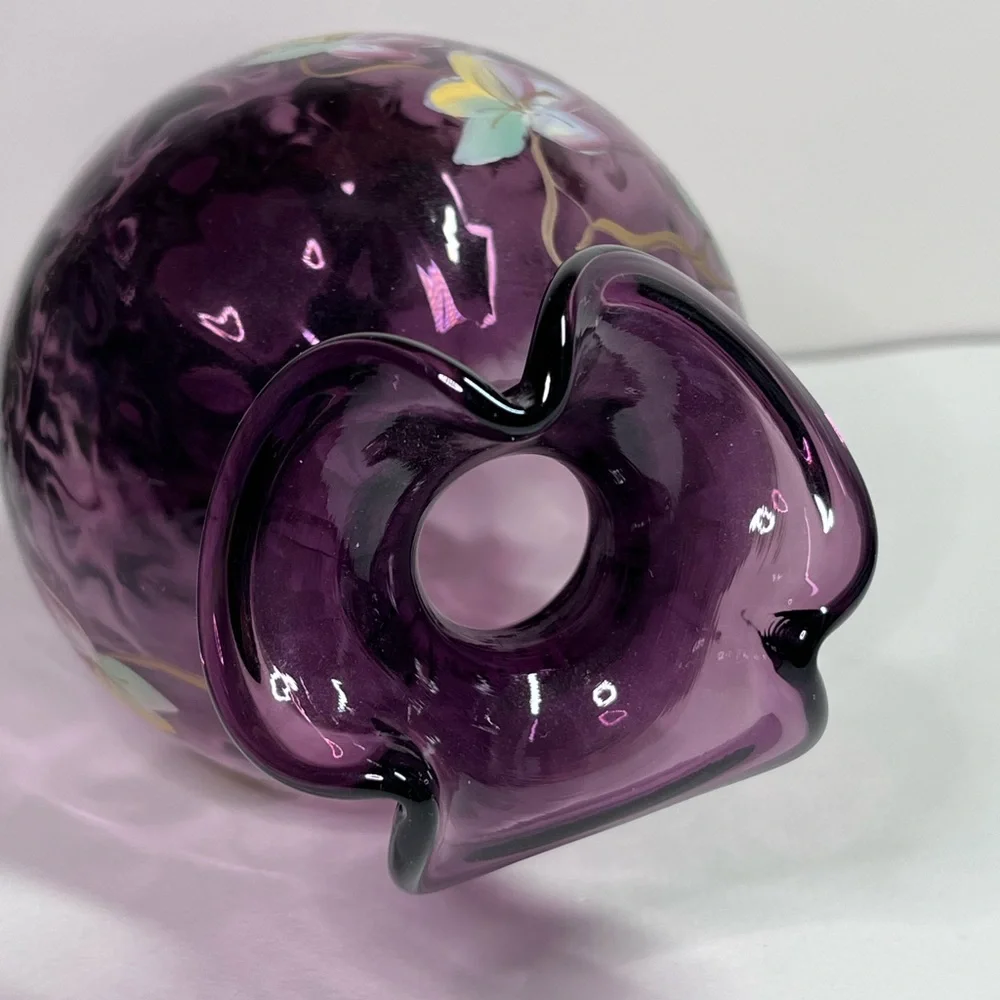 Vintage Fenton Plum Amethyst Diamond Optic Vase Hand Painted Grapes J Cunningham